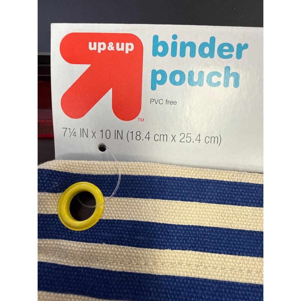 Blue & White Striped Fabric Binder Pouch With Yellow Zipper & Grommets 7.25" x 1 - Picture 3 of 3